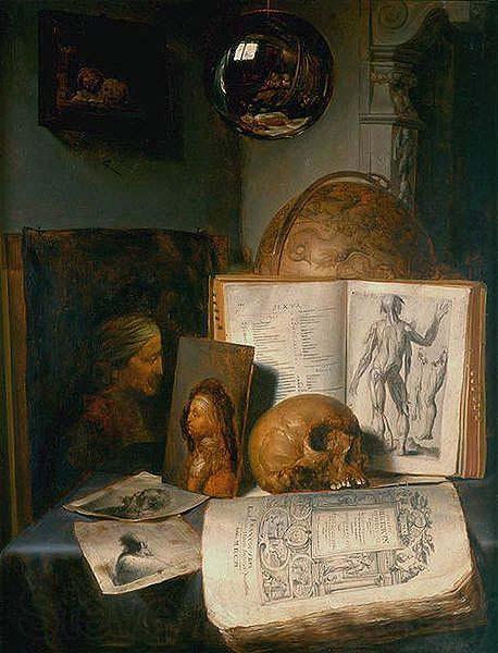 simon luttichuys Vanitas still life with skull, books, prints and paintings Norge oil painting art